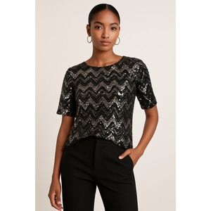 NWT Vintage Teddi of California Black Sequin Top Sz‎ M Party Retro Glam Art Deco